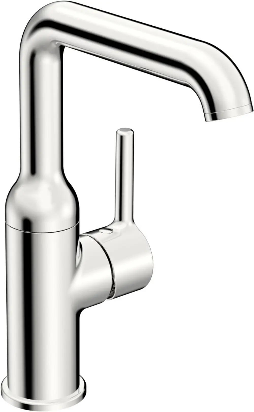 Edelstahl-HANSA-Waschtischbatterie mit einem hohen Auslauf und seitlichem Hebel zum Regulieren von Wasserfluss und -temperatur. Minimalistisches Design ohne sichtbare Bedienelemente.